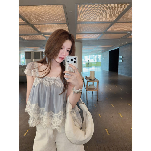 TMH法式重工蕾丝花边皱褶上衣女