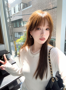 【现货】浪漫叠穿 天丝羊毛网纱花边长袖T恤女修身打底衫上衣