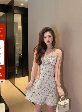 【周年庆】梦里琉璃光/100醋酸吊带裙女印花挂脖连衣裙