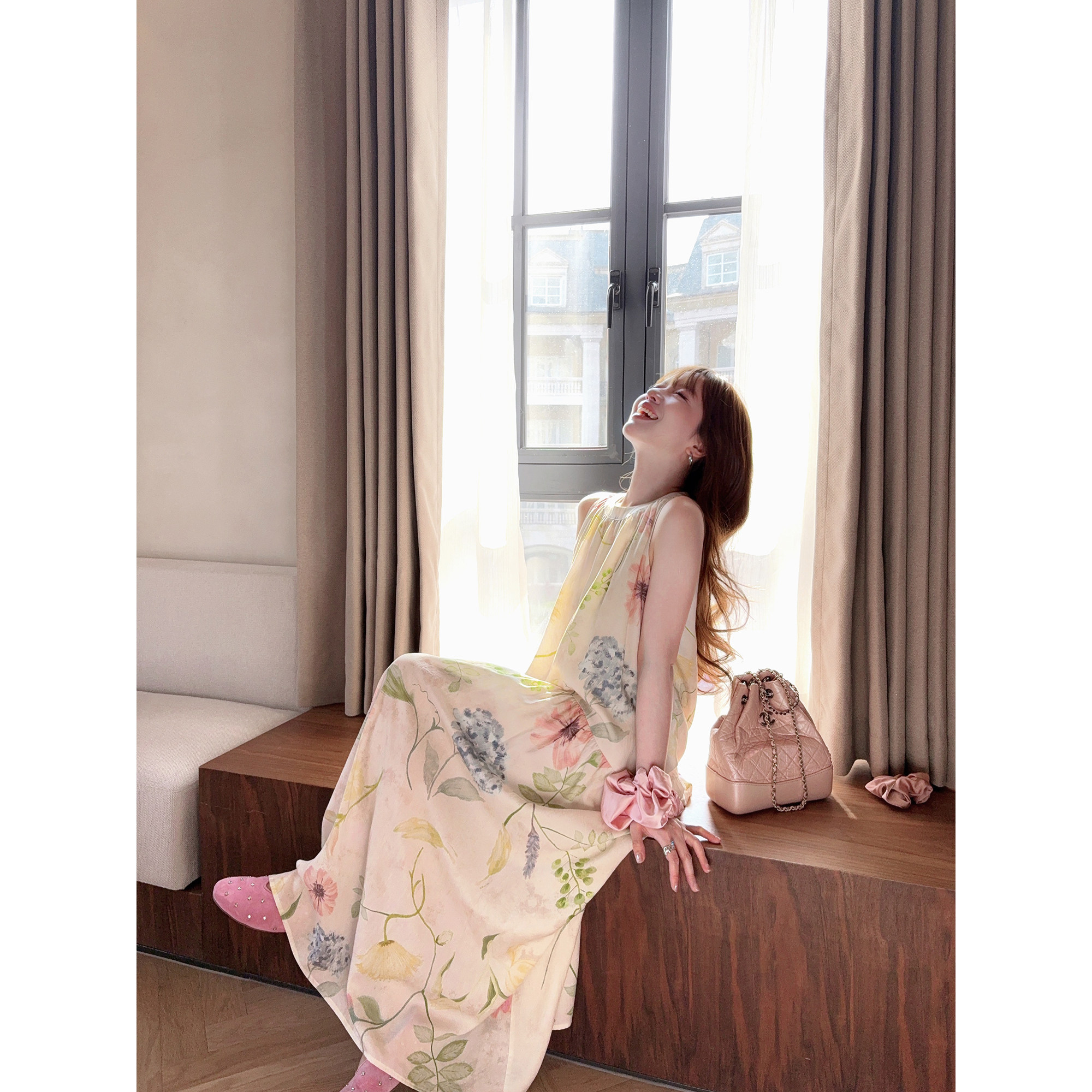 TMHSTUDIO 法式度假风挂脖背心连衣裙子女夏莱赛尔无袖a字中长裙