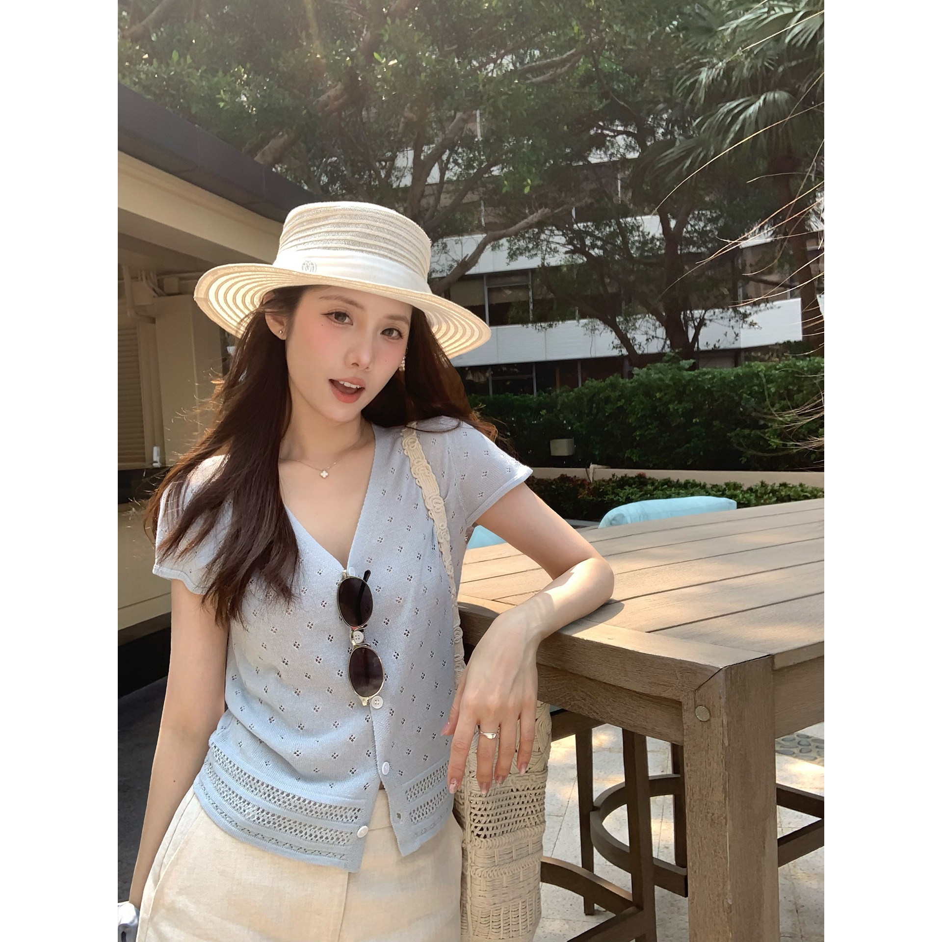TMHSTUDIO满天星 莱赛尔亚麻镂空V领针织衫女修身短袖开衫T恤上衣