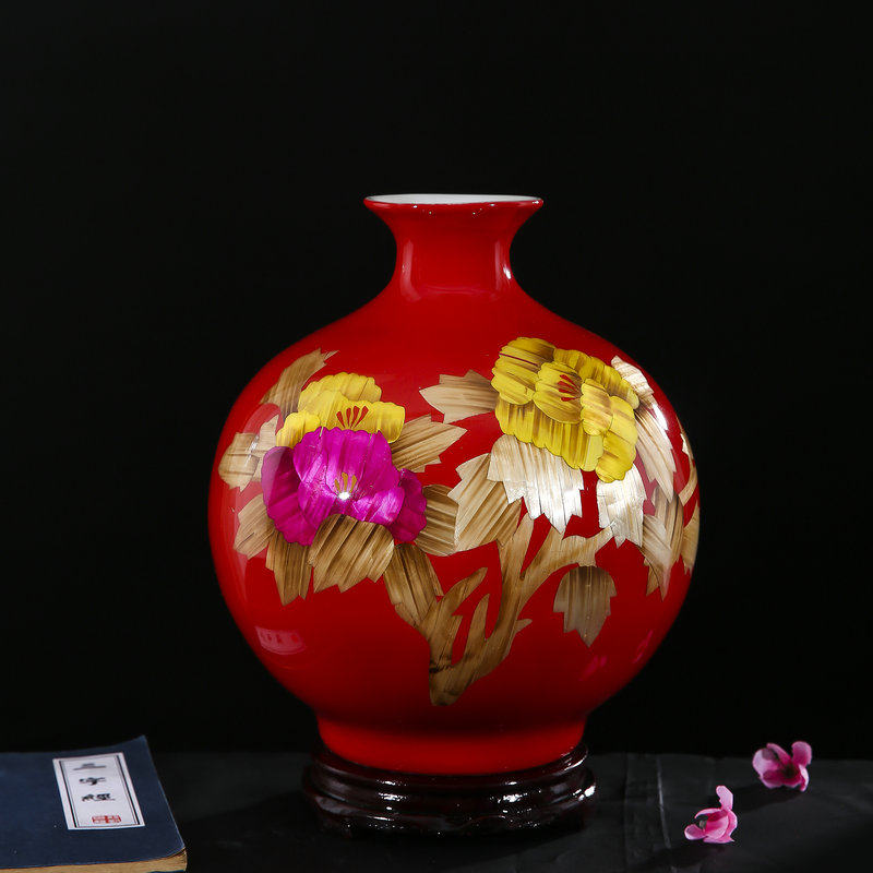 景德镇陶瓷花瓶插花中式石榴瓶麦秆客厅摆件台面小号红黄蓝绿白色