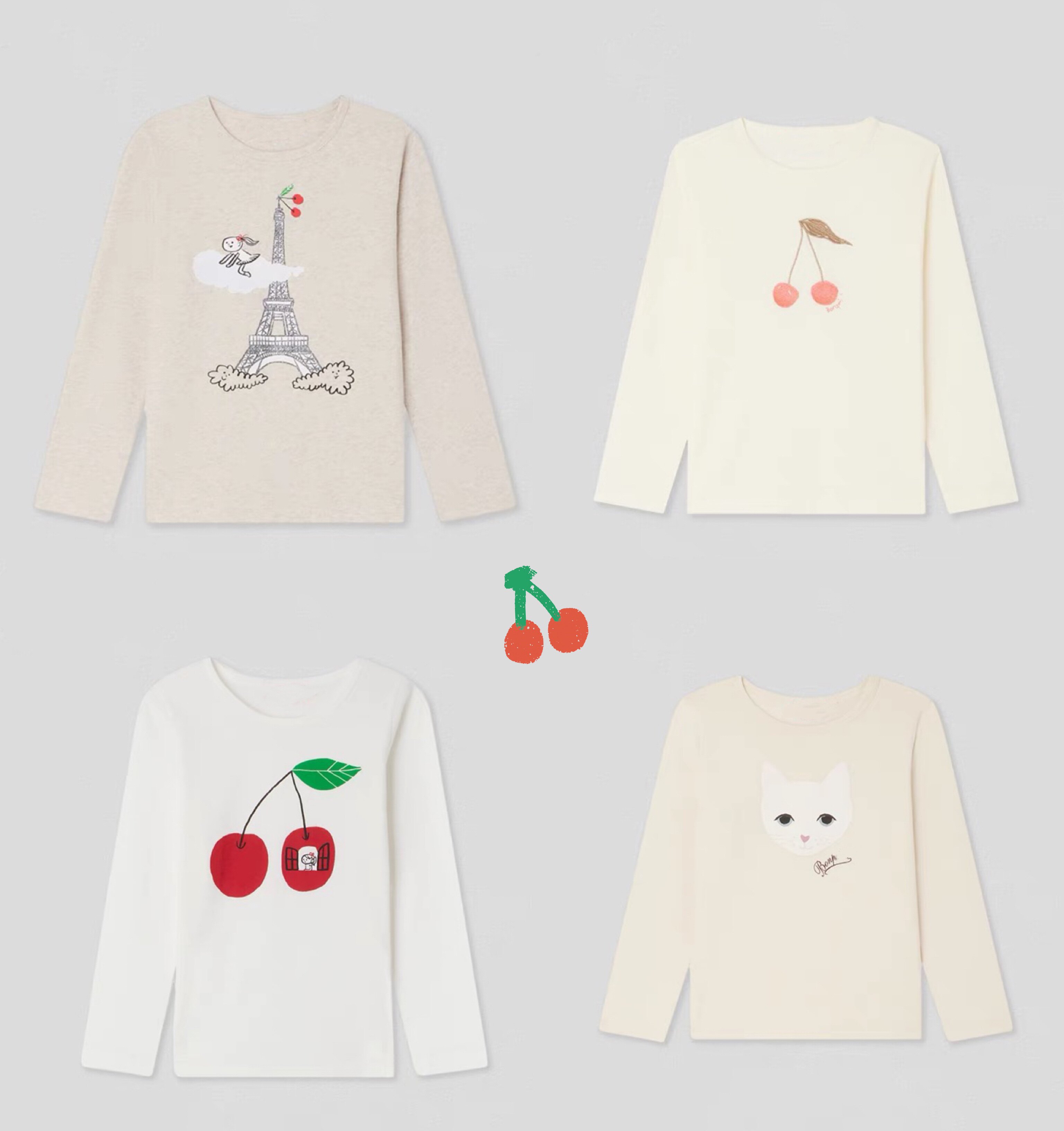 t恤合辑 bp小樱桃彩色卡通女孩可爱好看纯棉t恤长袖圆领百搭上衣