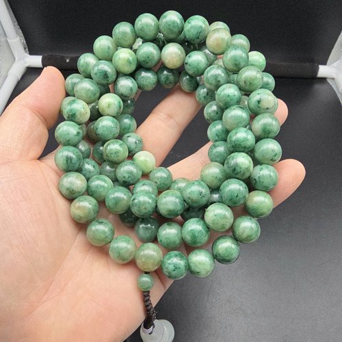 南阳独山玉独玉透水天蓝料满绿圆珠子佛珠链念珠配葫芦12MM收藏