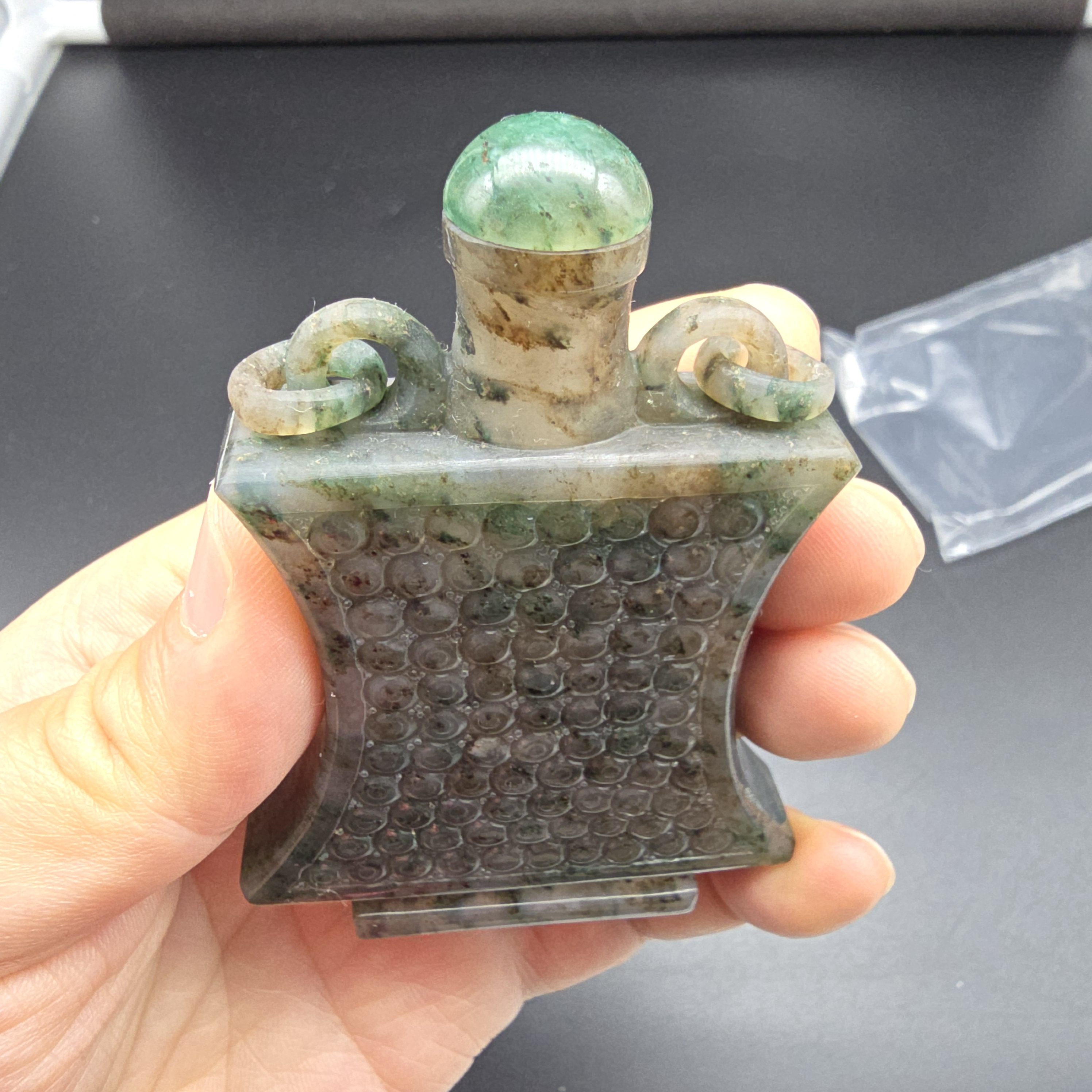 独山玉透水咖蓝料汉风双耳瓶原创收藏品仿古复古古玩做旧玉石古代