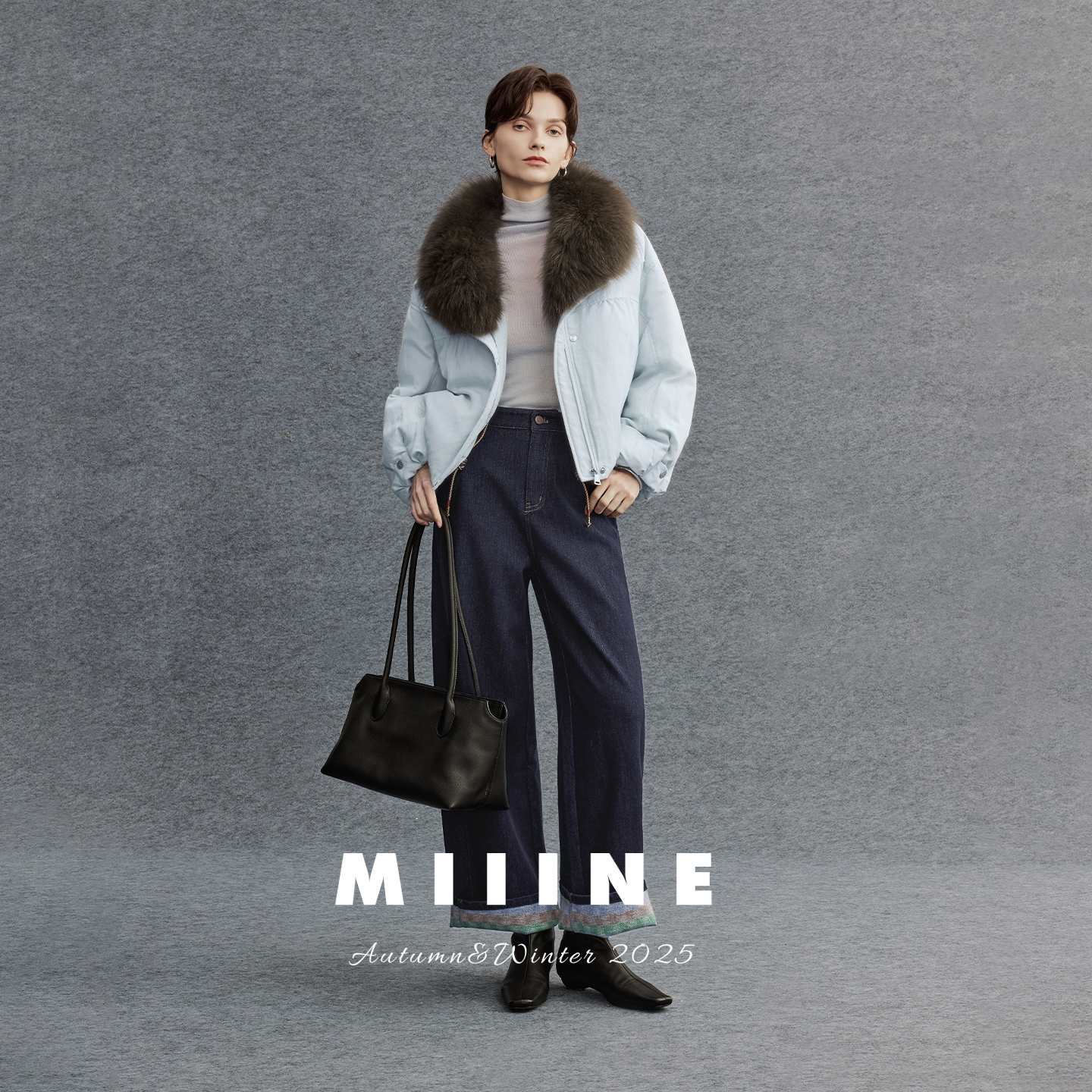 Miiine鹅绒短款羽绒服 老钱风赤狐毛领可拆卸箱型短款轻盈外套