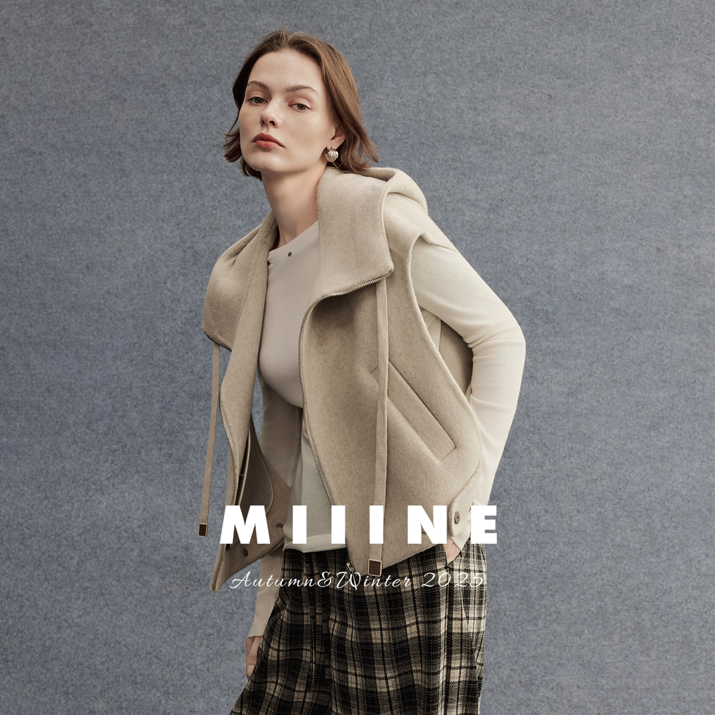 Miiine羊绒混纺双面呢连帽马甲