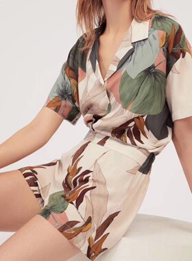 O家 棕榈叶短袖短裤七分裤套装