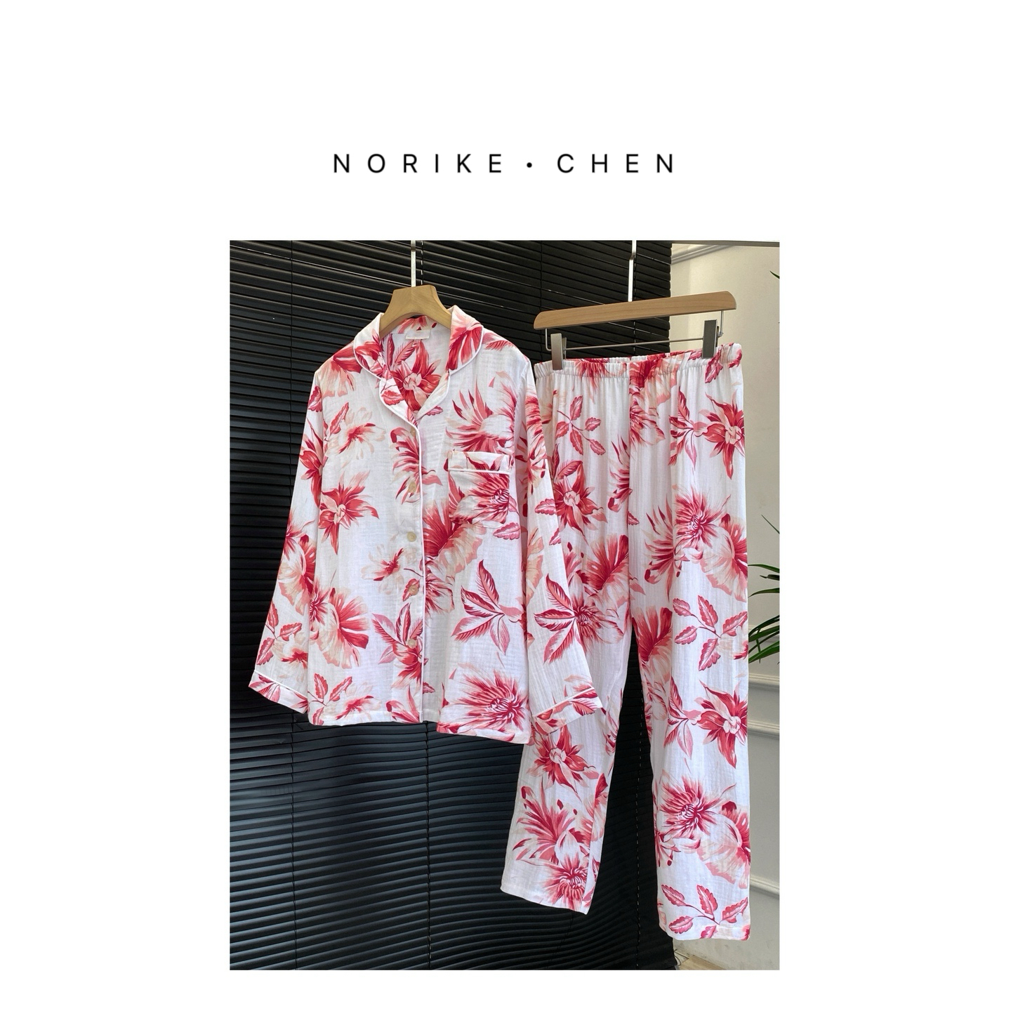 PJJ白底红花棉纱套装轻盈干爽吸汗长袖长裤空调家居服NK47153