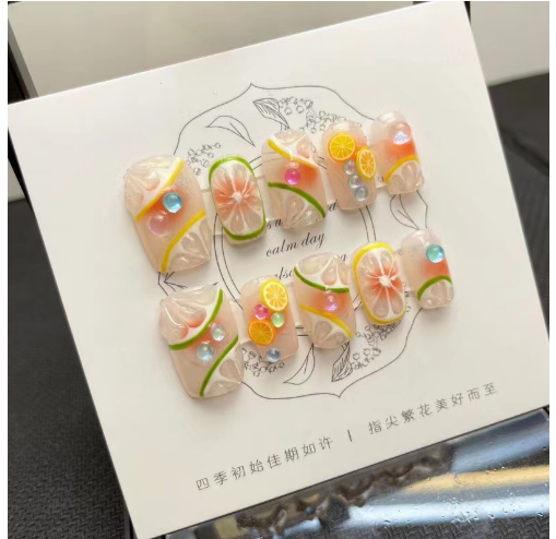 纯手工手绘光疗穿戴甲缤纷水果图案低调高级感美甲成品可拆卸甲片