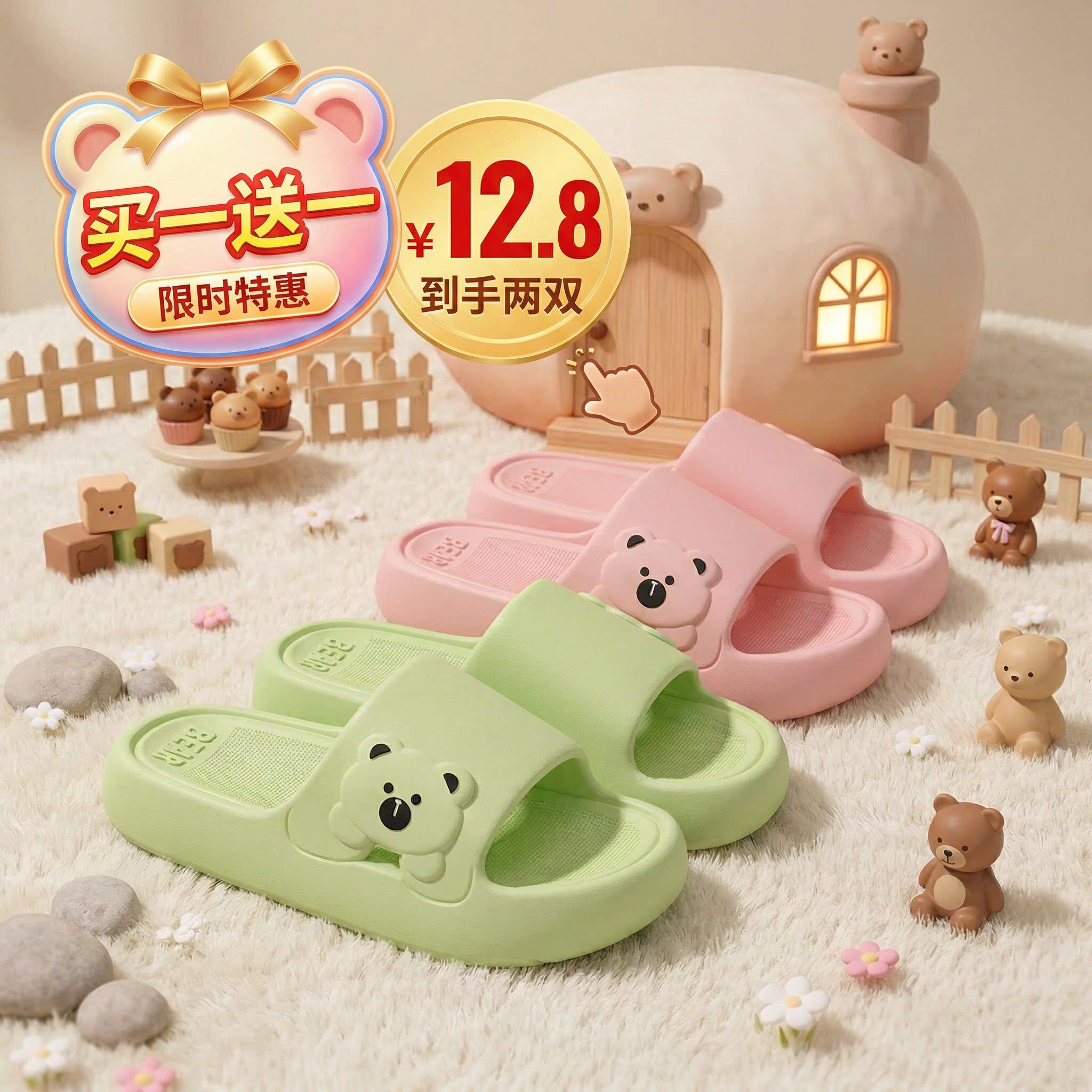 买一送一拖鞋小熊卡通男女EVA防滑速干浴室居家凉拖鞋踩屎感软底