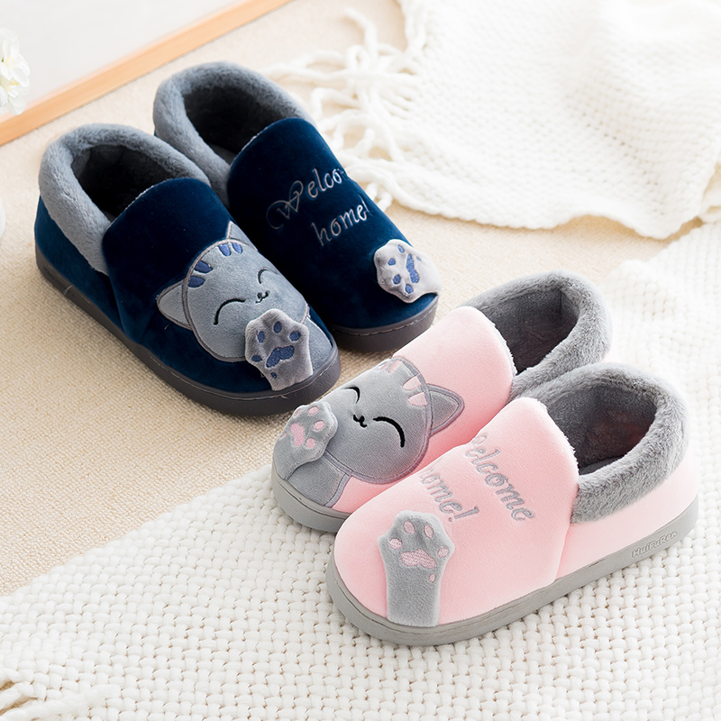 包后跟棉拖鞋女款可爱加绒猫咪室内全包跟保暖家用情侣冬天带后跟