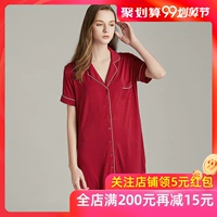 Modal xuân hè ngắn tay ngắn ngủ ngắn nữ váy cotton kích thước lớn áo sơ mi nhà dịch vụ đồ ngủ màu đỏ gợi cảm - Đêm đầm đồ mặc nhà cỡ lớn