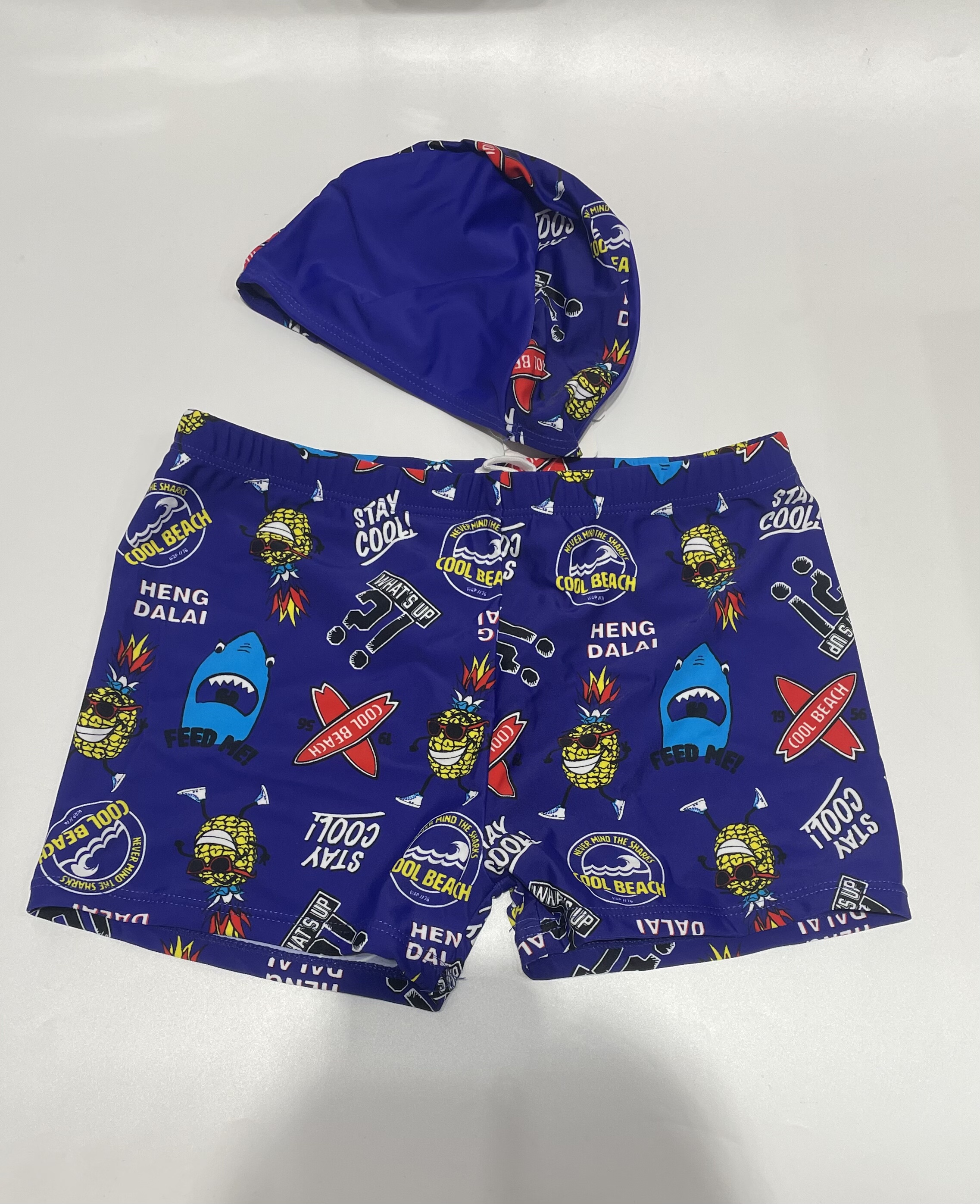 儿童游裤男童中小童平角卡通印花沙滩游泳裤男孩温泉泳泳短裤泳帽