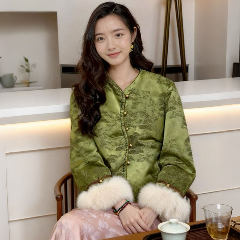 进口狐狸毛袖口~ 绿色新中式羽羽绒服