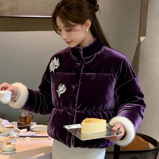 重工亮片刺绣+水貂毛~紫色真丝丝绒外套女冬季短款90白鹅绒羽绒服