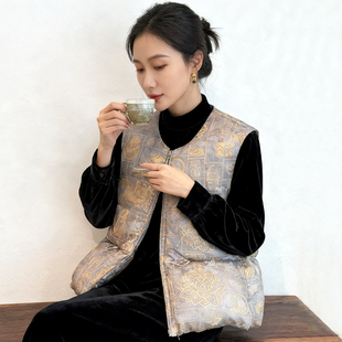 宝相花~ 新中式人丝香云纱羽绒服马甲女冬季圆领90白鸭绒无袖上衣