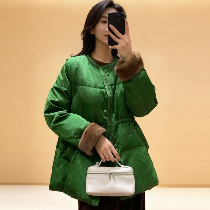 高端进口水貂~绿色新中式羽绒服女冬90白鹅绒服短款国风女装外套