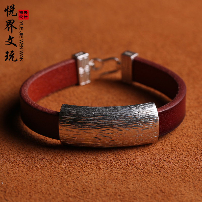s925手工银饰品头层牛皮加粗加宽拉丝银镯子本命年红手链手环手带