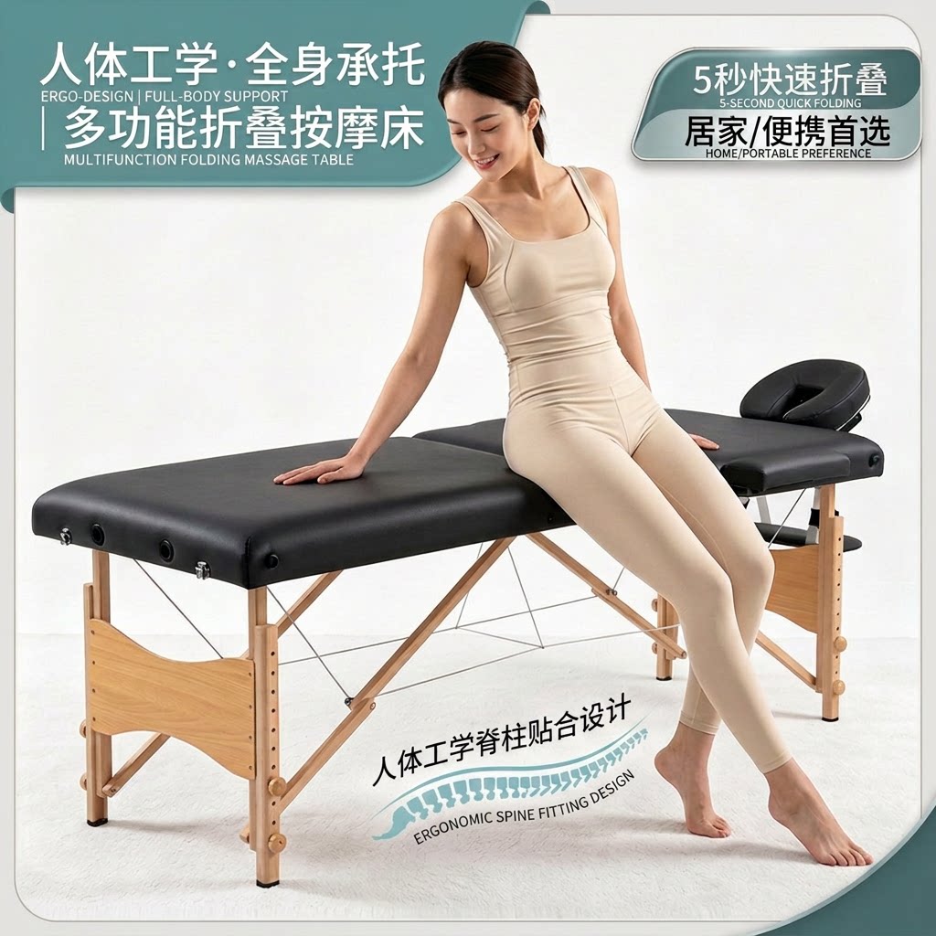 跨境两折叠便携式 加固榉木按摩床 黑色美容折叠床推拿居家按摩床