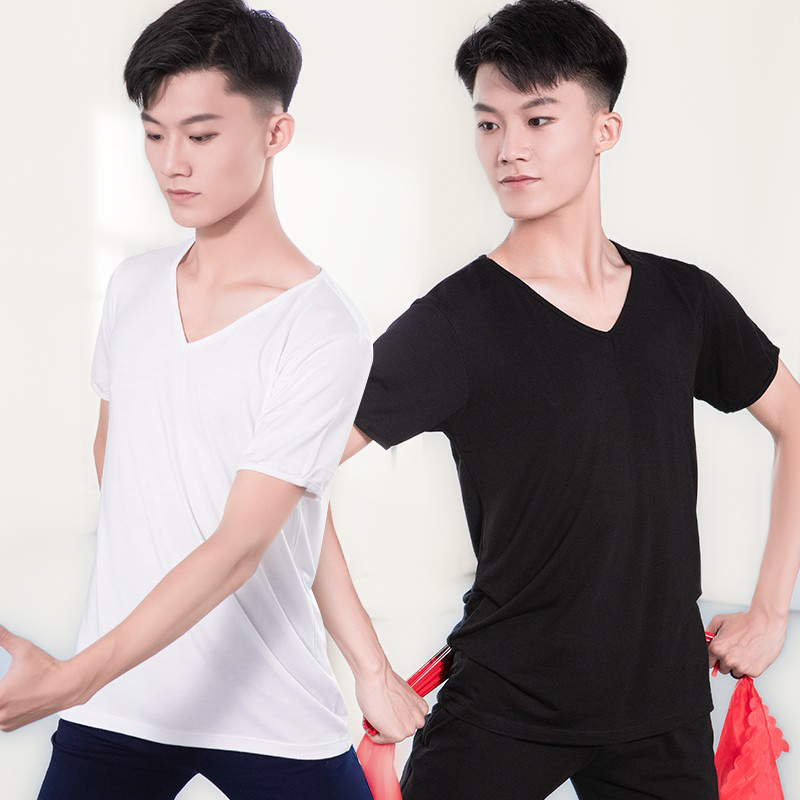舞蹈上衣短袖男生练功服V领中国舞形体成人艺考现代舞服装红舞鞋
