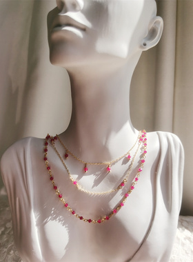 彩色宝石红宝石项链女糖果碧玺长链南红锁骨链白水晶颈饰礼物定制