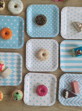 12只 一次性餐具 野餐盘 蓝色纸碟 节日派对外贸纸盘 正方形纸盘