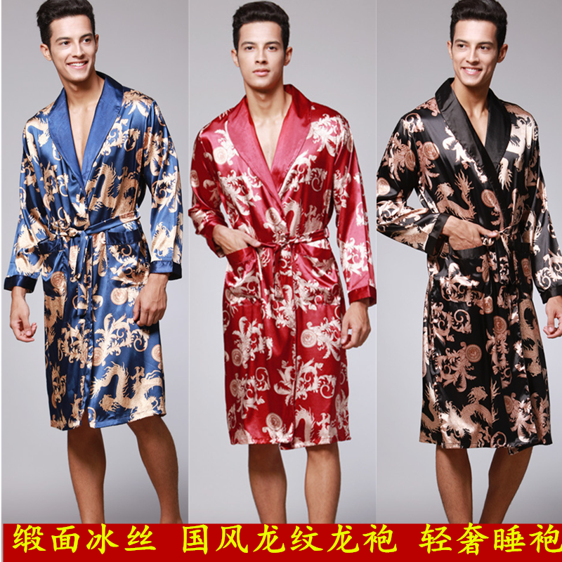 缎面冰丝睡袍国风龙纹凤尾印花