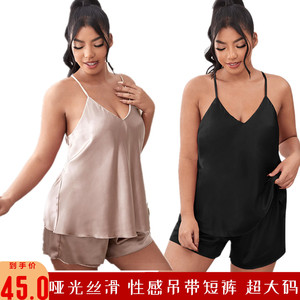 加大加肥胖MM200斤冰丝吊带短裤睡衣夏季薄款女V领仿真丝黑色套装