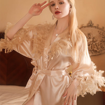 羽毛新娘晨袍红色女仿真丝香槟色伴娘团睡袍婚礼化妆结婚浴袍黑色