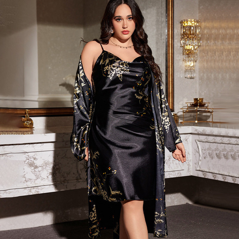 冰丝荡领吊带睡裙超长睡袍樱桃加大加肥两件套睡衣女夏长袖浴袍