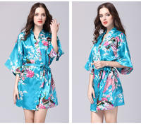 Peacock print faux silk bathrobe for women, Japanese style, extended bathrobe, retro cherry blossom beauty salon cardigan, yukata thumbnail 6