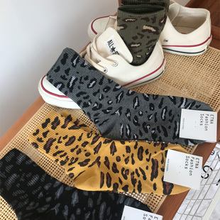 韩国进口袜子东大门女袜豹纹袜子螺纹紧口时尚个性潮中筒四季袜