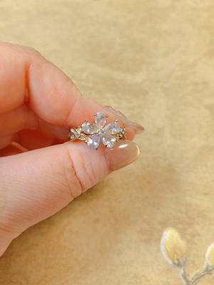 【BW中古】白水晶花朵款浓金戒指，戒围18-19