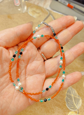 【BW珍珠】南红珍珠配翡翠黑尖晶项链，4.5mm，可单带，也可叠带