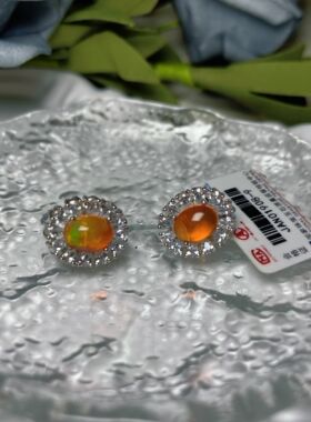 【BW宝石】火欧珀耳钉，银镶，火彩超棒，带证书