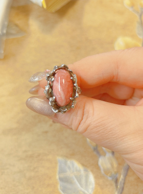 【BW古董】意大利Florenza百年前工艺红纹石老银镶嵌戒指，纯手工