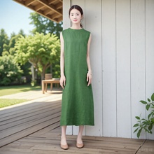 纯亚麻|绿色无袖背心裙 高级感连衣裙轻奢内搭优雅高端后开叉森系