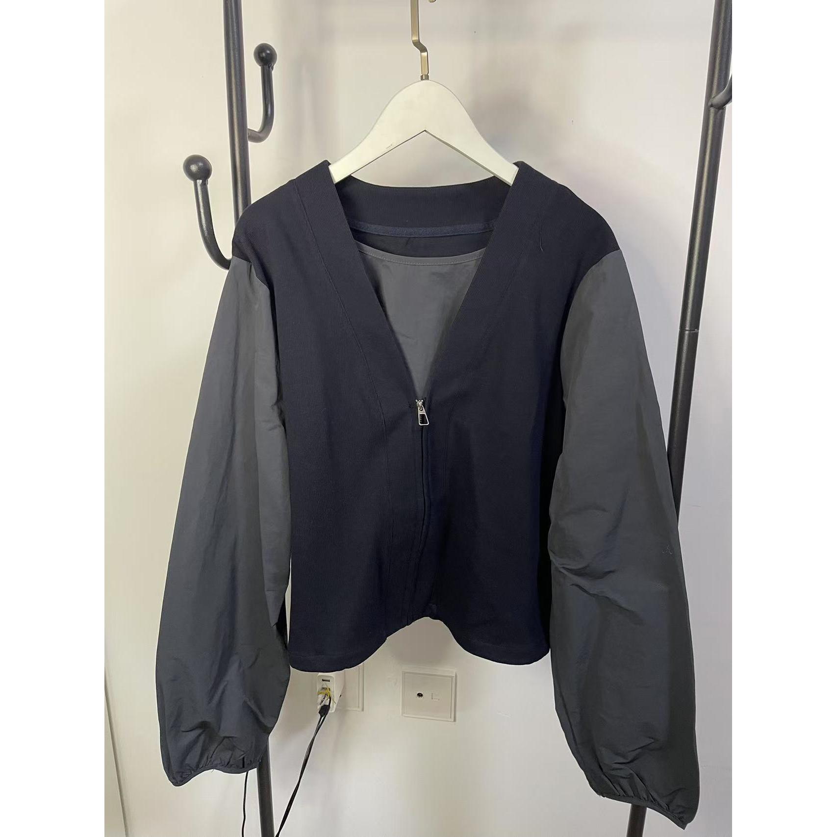 韩系拉链V领拼接衬衫女宽松时尚百搭假两件衬衣上衣