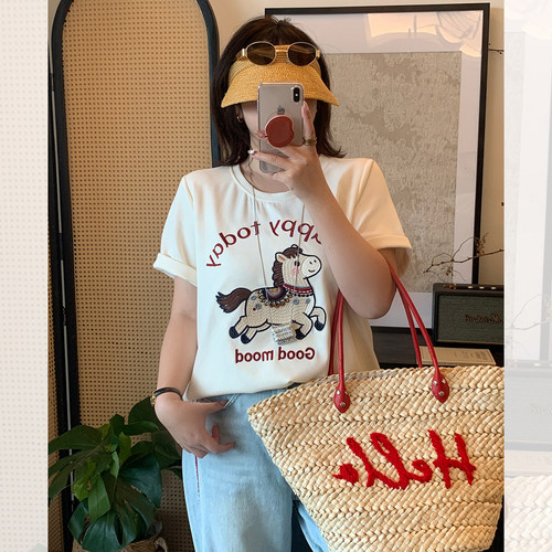 大码设计感字母卡通小马圆领T恤