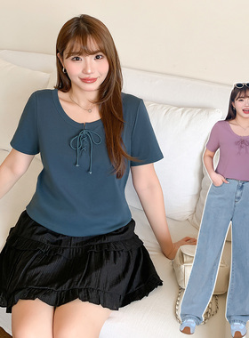 大码女装胖mm法式气质绑带纯色正肩圆领t恤小衫显瘦短袖上衣32255