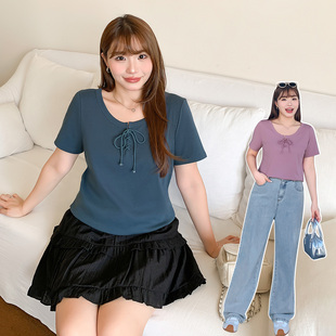显瘦短袖 大码 气质绑带纯色正肩圆领t恤小衫 胖mm法式 上衣32255 女装