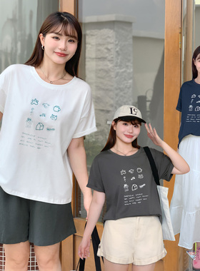 自信穿搭简约刺绣图案宽松显瘦圆领短袖T恤美式文艺清新上衣32241