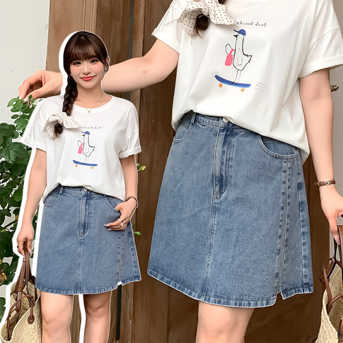 胖mm高腰遮肚显瘦A字牛仔短裙