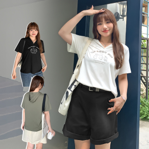 微胖mm连帽短袖T恤女大码女装夏季新款宽松遮肉俏皮印花上衣32037