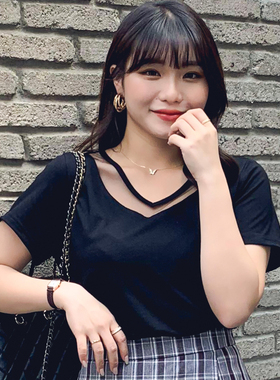 春夏大码女装网纱拼接V领减龄T恤200斤胖mm短袖显瘦打底上衣51525