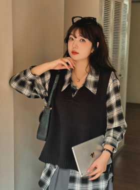 大码女装秋冬宽松显瘦V领针织背心马甲胖mm内搭无袖上衣N0167