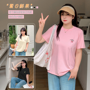 微胖大码女装刺绣水果正肩短袖棉T恤女胖mm多色百搭上衣夏20629