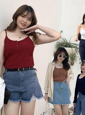 200斤大码女装春夏胖mm细肩带背心修身显瘦减龄藏肉吊带上衣90128