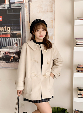 大码女装胖mm毛呢外套秋冬韩版宽松学院风牛角扣呢子大衣31342